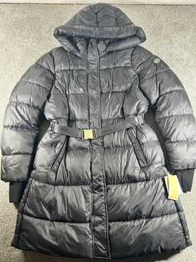 Michael Kors Black Hooded Belted Long Puffer Coat Woman’s Read Description